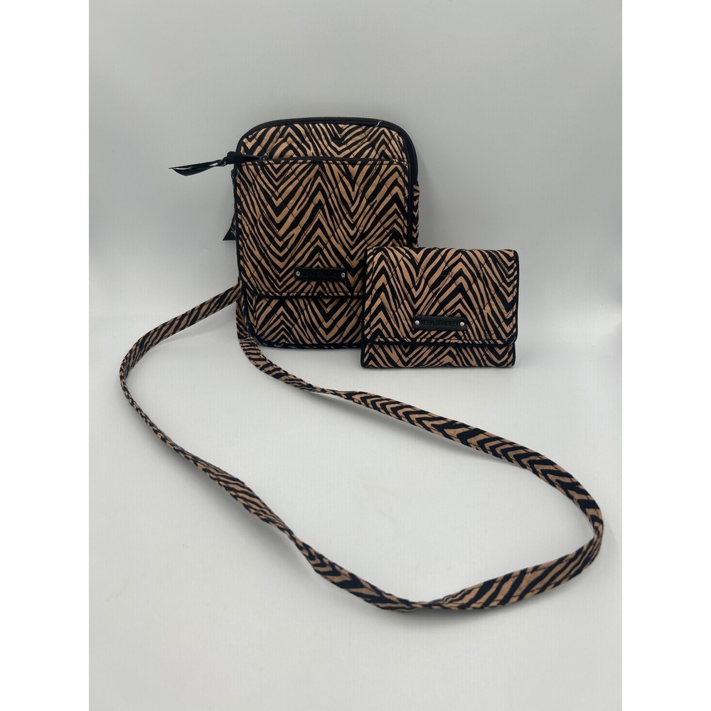 Vera Bradley Ziggy Zinnia Quilted Crossbody Bag and Trifold Wallet Set Tan Black